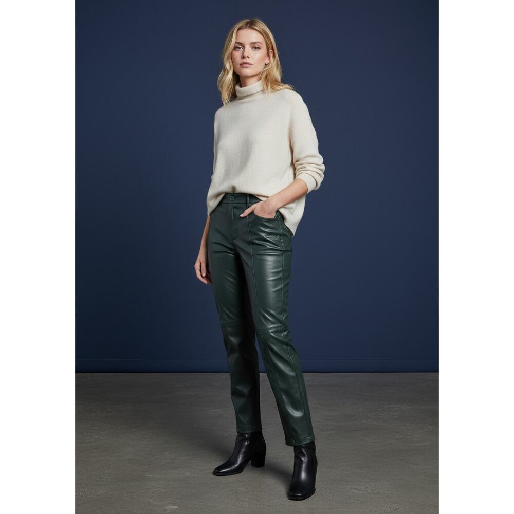 Elloquii Faux Leather Pants Green Fly Buttons High Waist Straight Size 14 NWT